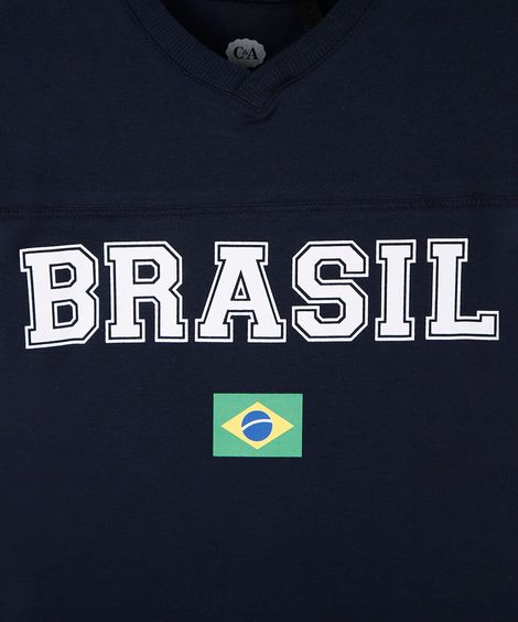 camiseta infantil de algodão com decote v brasil azul