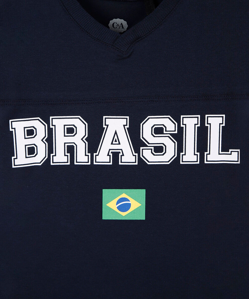 camiseta infantil de algodão com decote v brasil azul