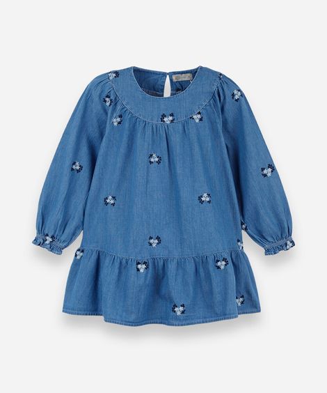 vestido infantil jeans manga longa com babado e bordado floral azul