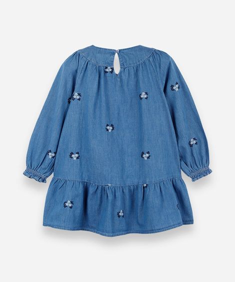 vestido infantil jeans manga longa com babado e bordado floral azul