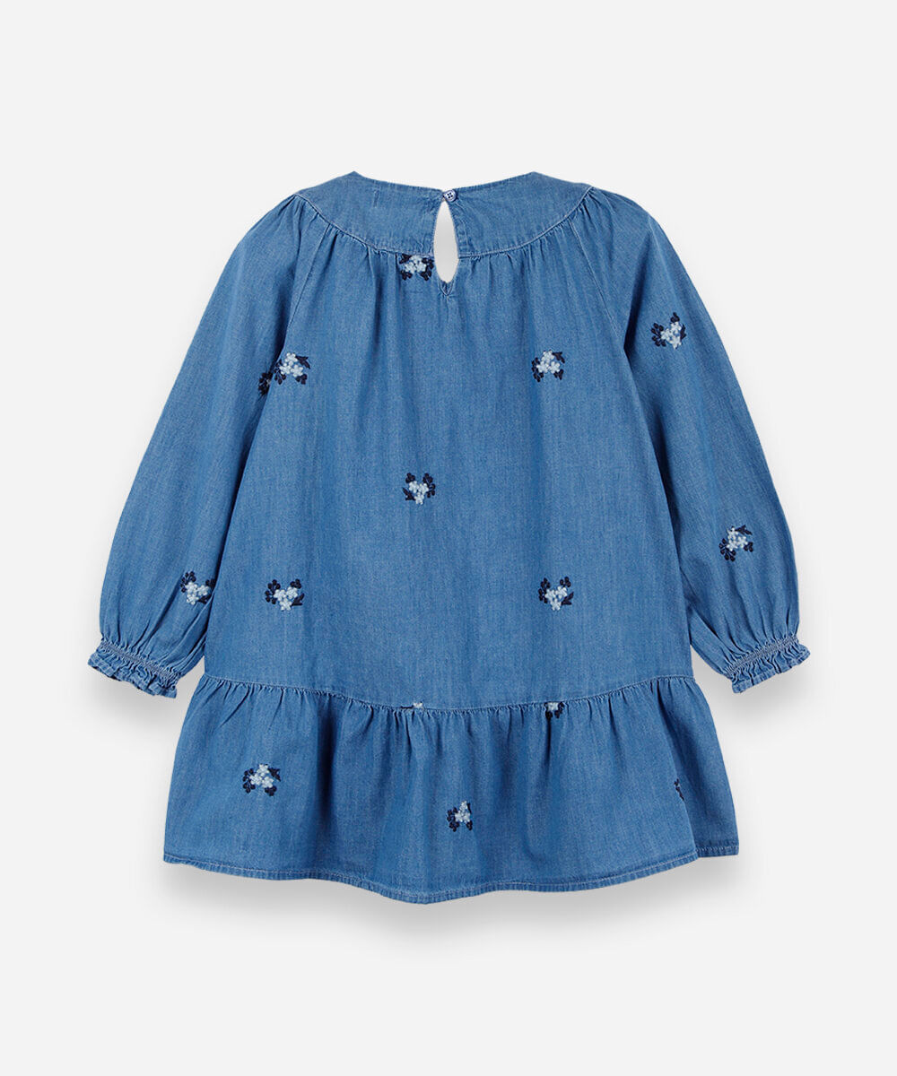 vestido infantil jeans manga longa com babado e bordado floral azul
