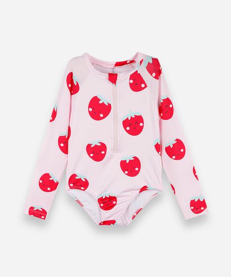 maiô infantil manga longa com zíper morangos rosa