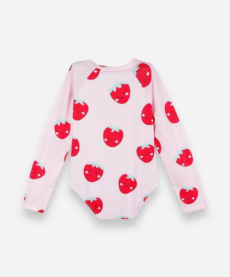 maiô infantil manga longa com zíper morangos rosa