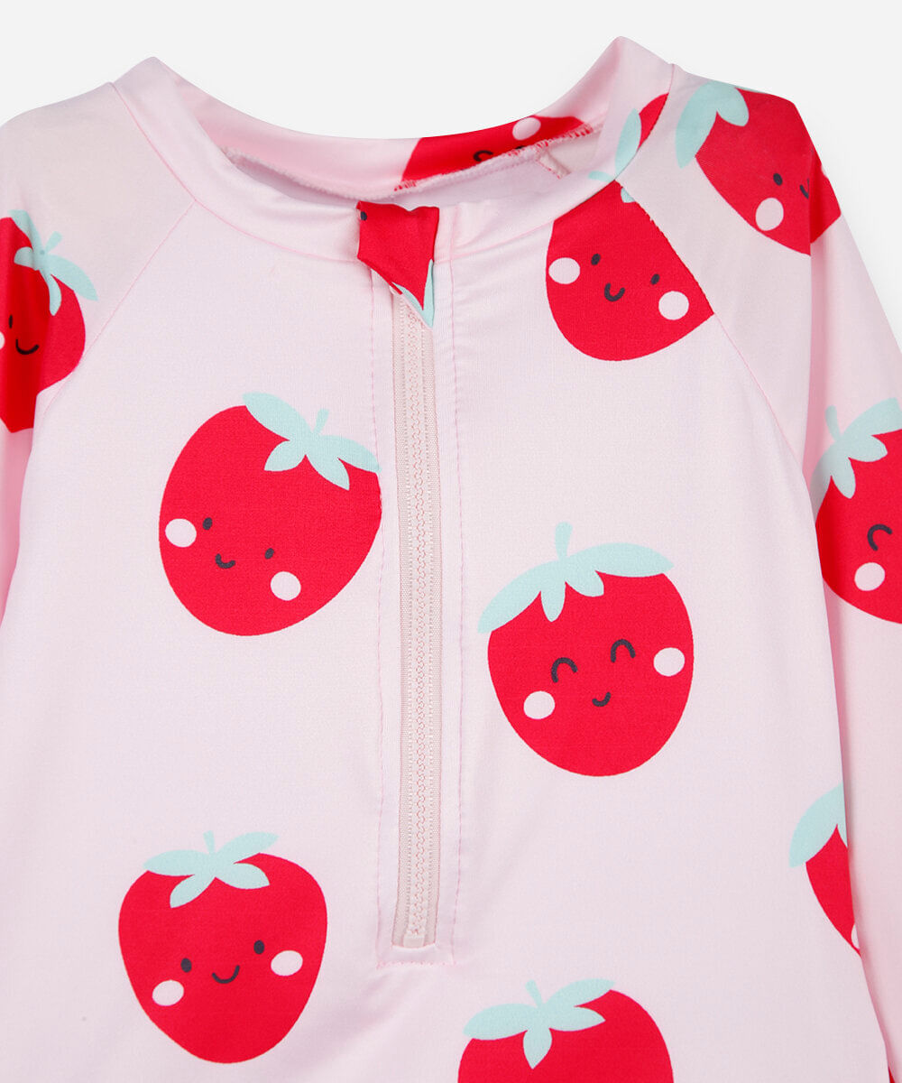 maiô infantil manga longa com zíper morangos rosa