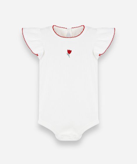 body infantil de algodão manga curta com bordado floral off white
