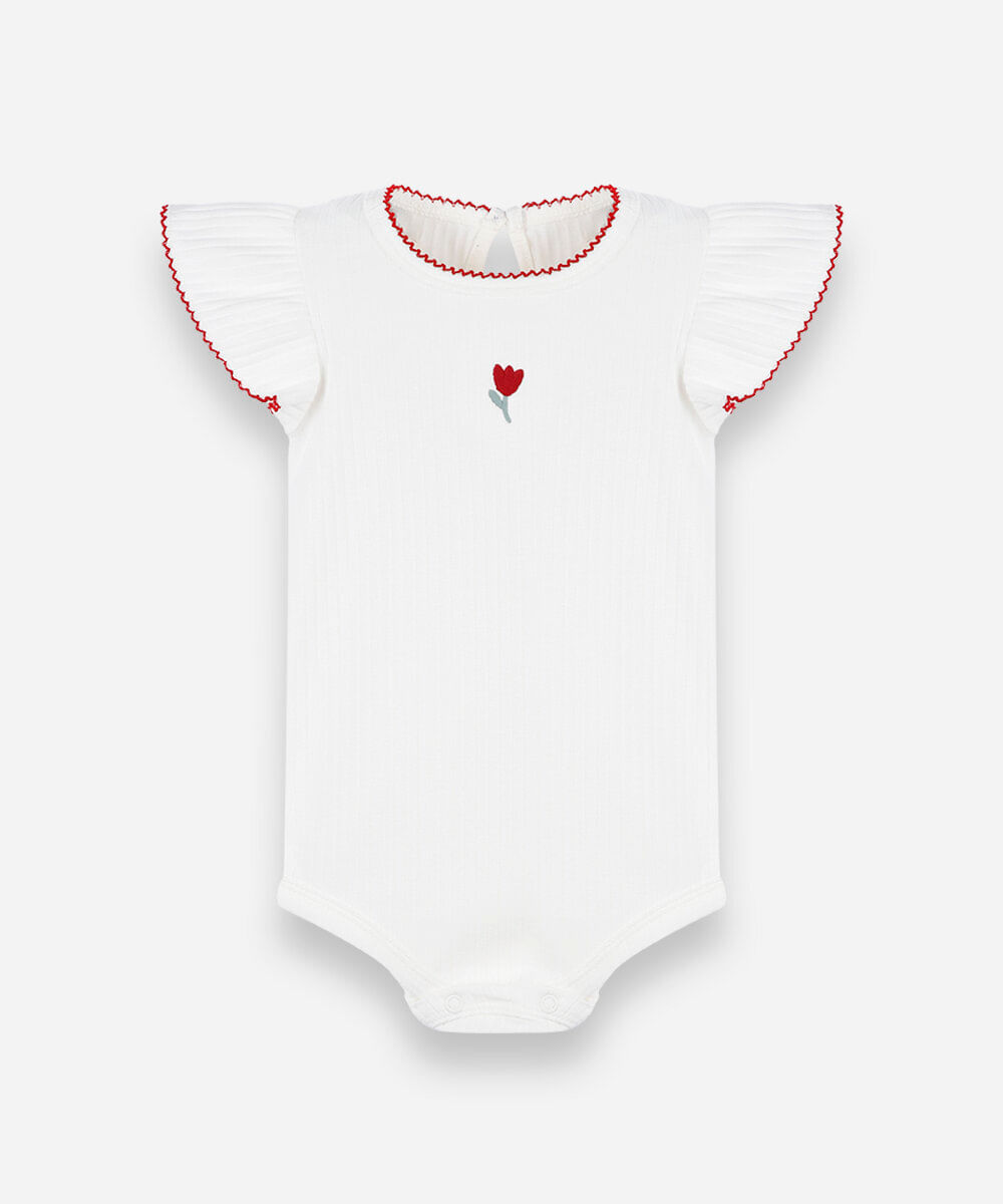 body infantil de algodão manga curta com bordado floral off white