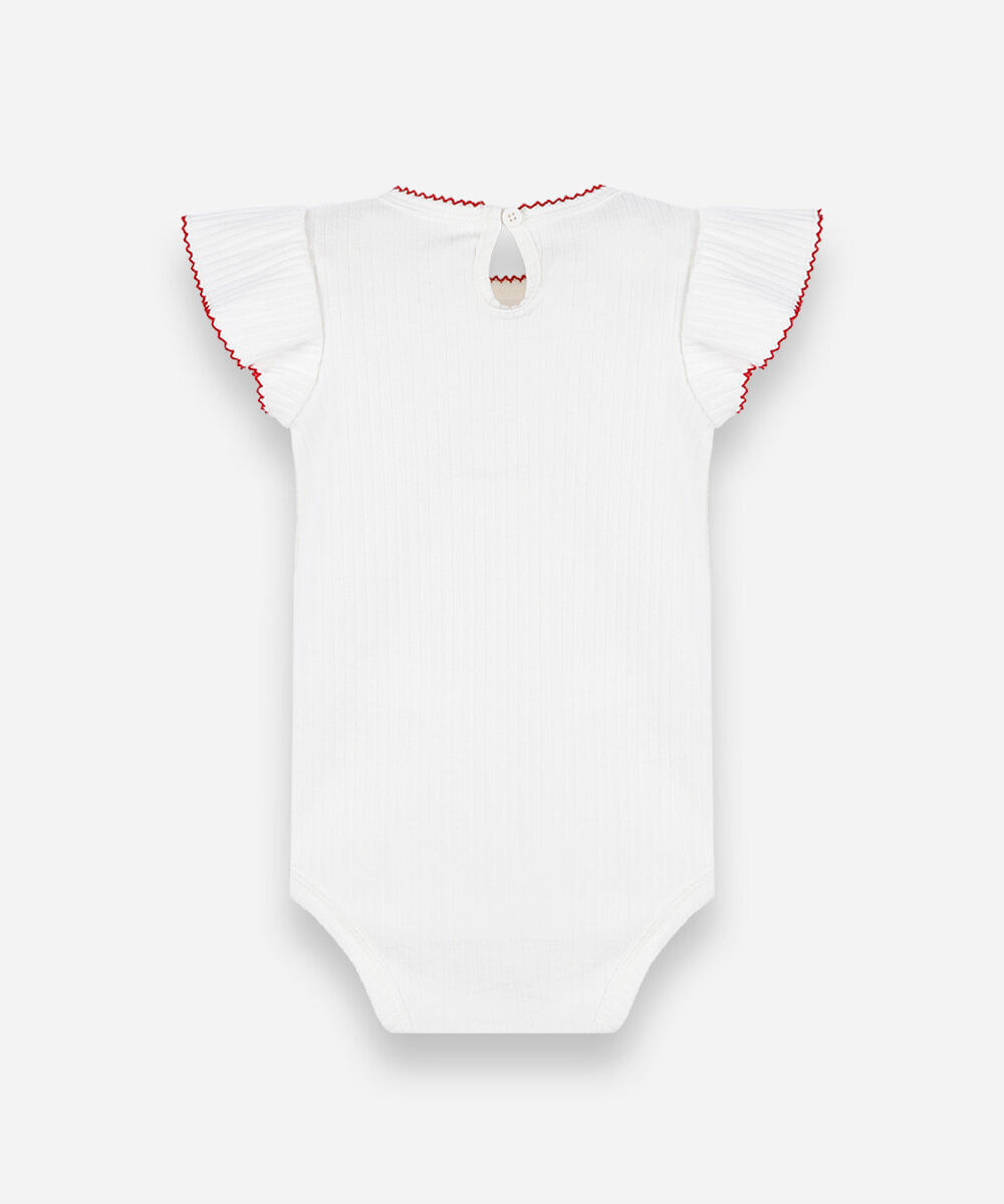 body infantil de algodão manga curta com bordado floral off white