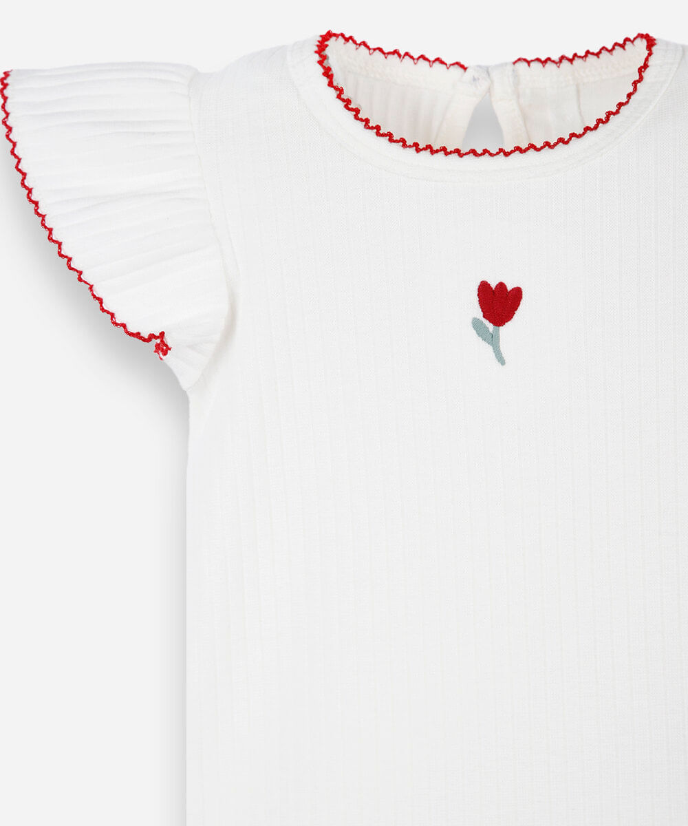 body infantil de algodão manga curta com bordado floral off white