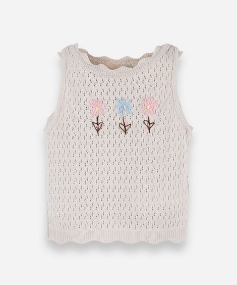 regata infantil de tricot com bordado floral bege