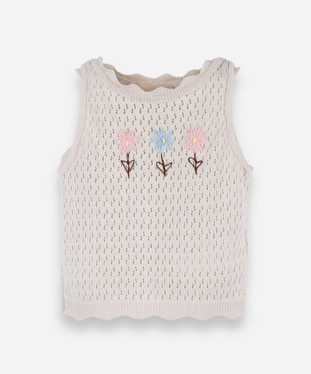 regata infantil de tricot com bordado floral bege
