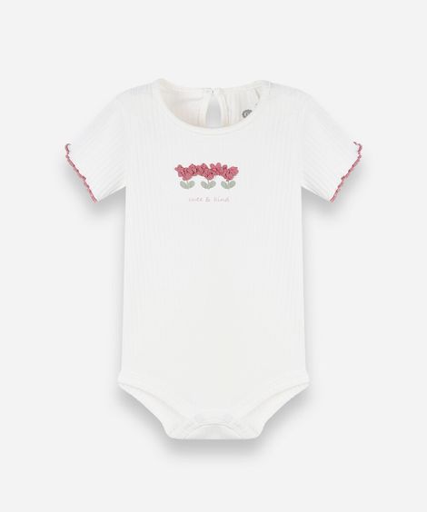 body infantil de algodão manga curta canelado floral off white