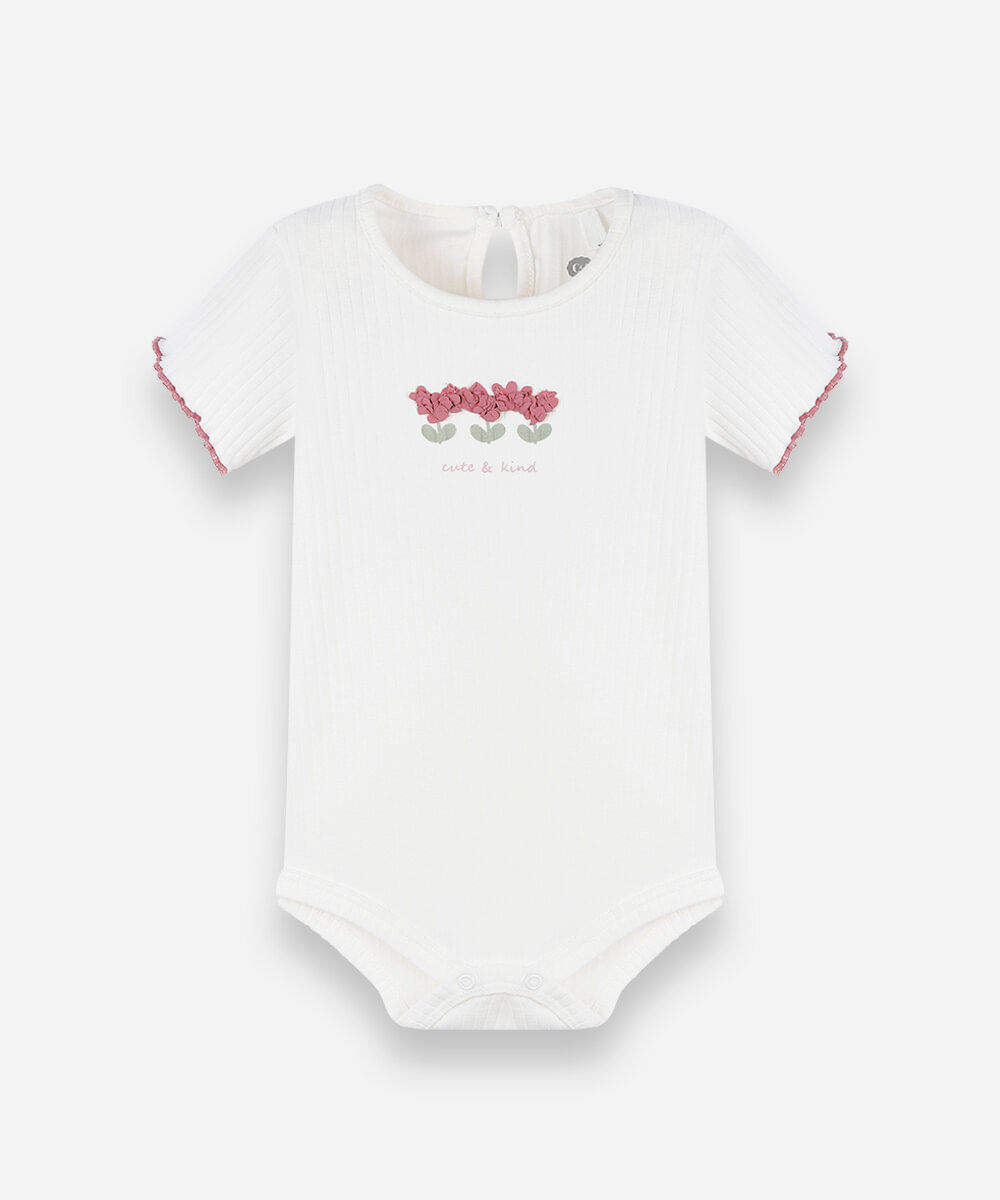 body infantil de algodão manga curta canelado floral off white