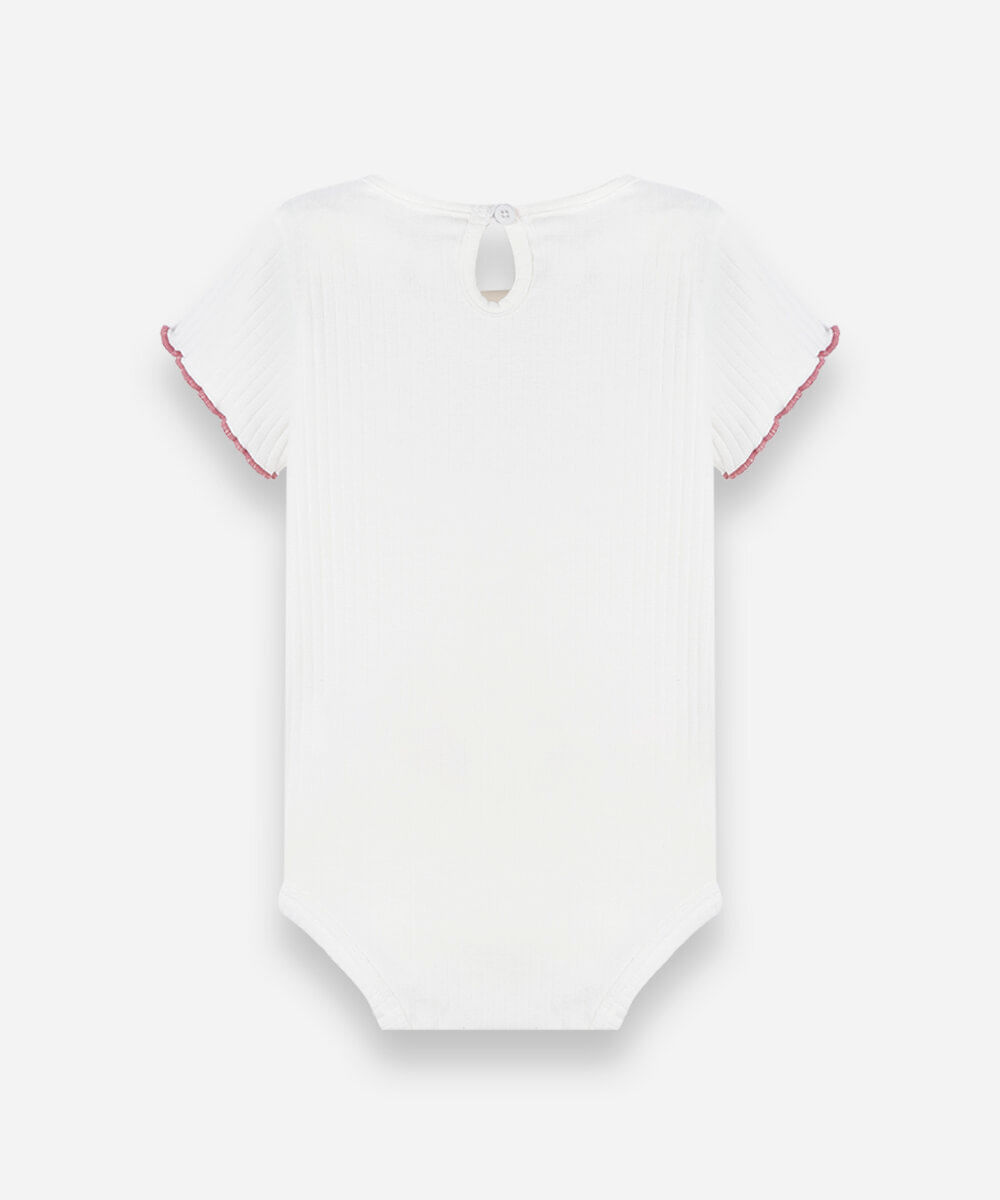 body infantil de algodão manga curta canelado floral off white