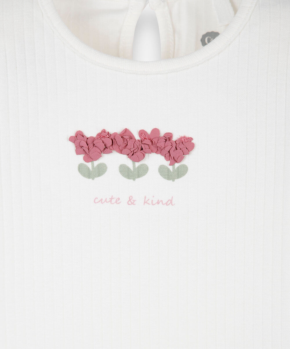 body infantil de algodão manga curta canelado floral off white
