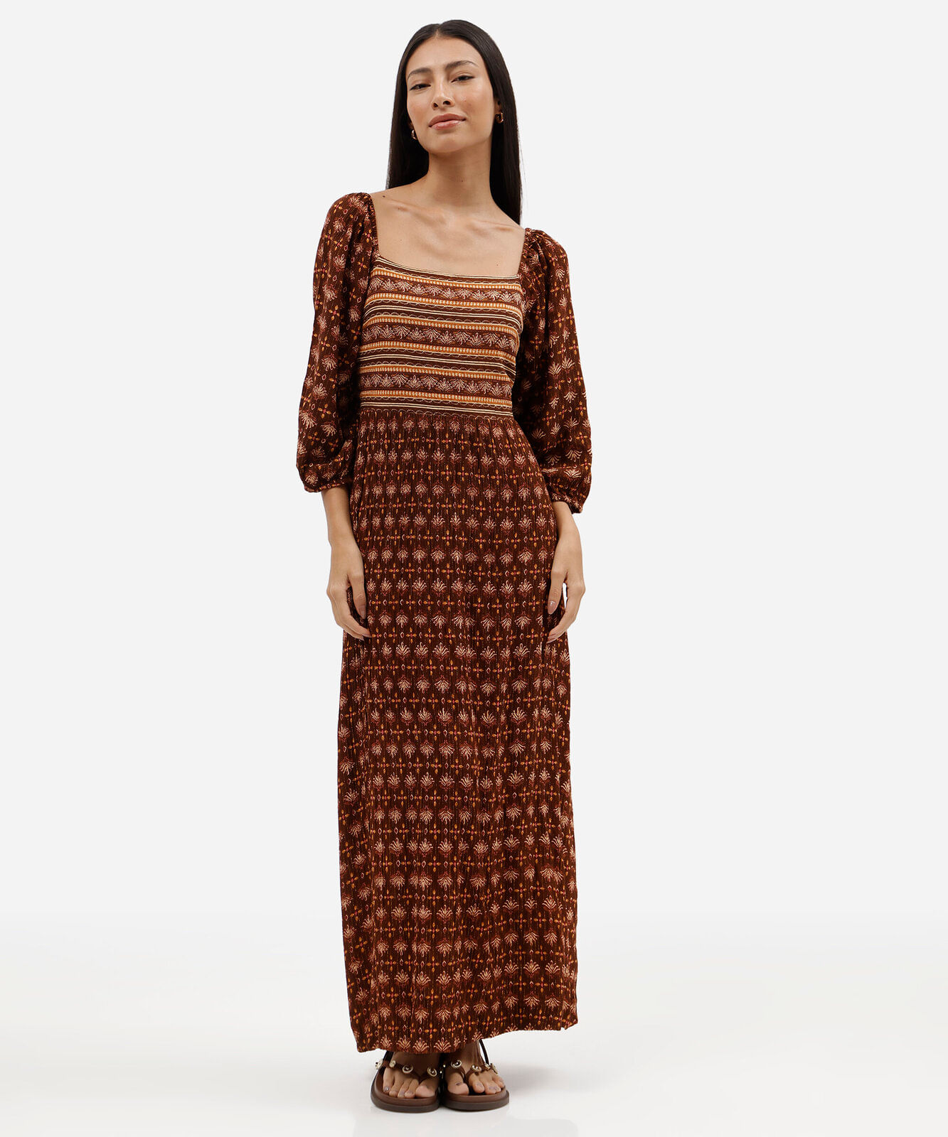 vestido longo feminino de viscose manga bufante étnico marrom