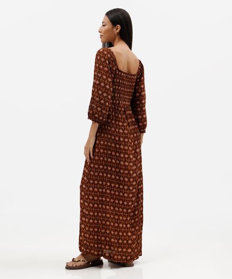 vestido longo feminino de viscose manga bufante étnico marrom