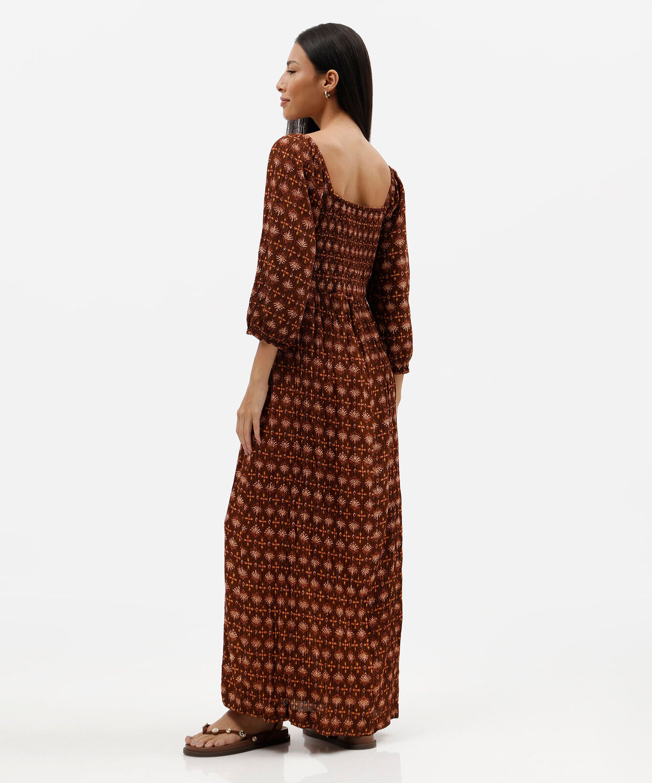 vestido longo feminino de viscose manga bufante étnico marrom