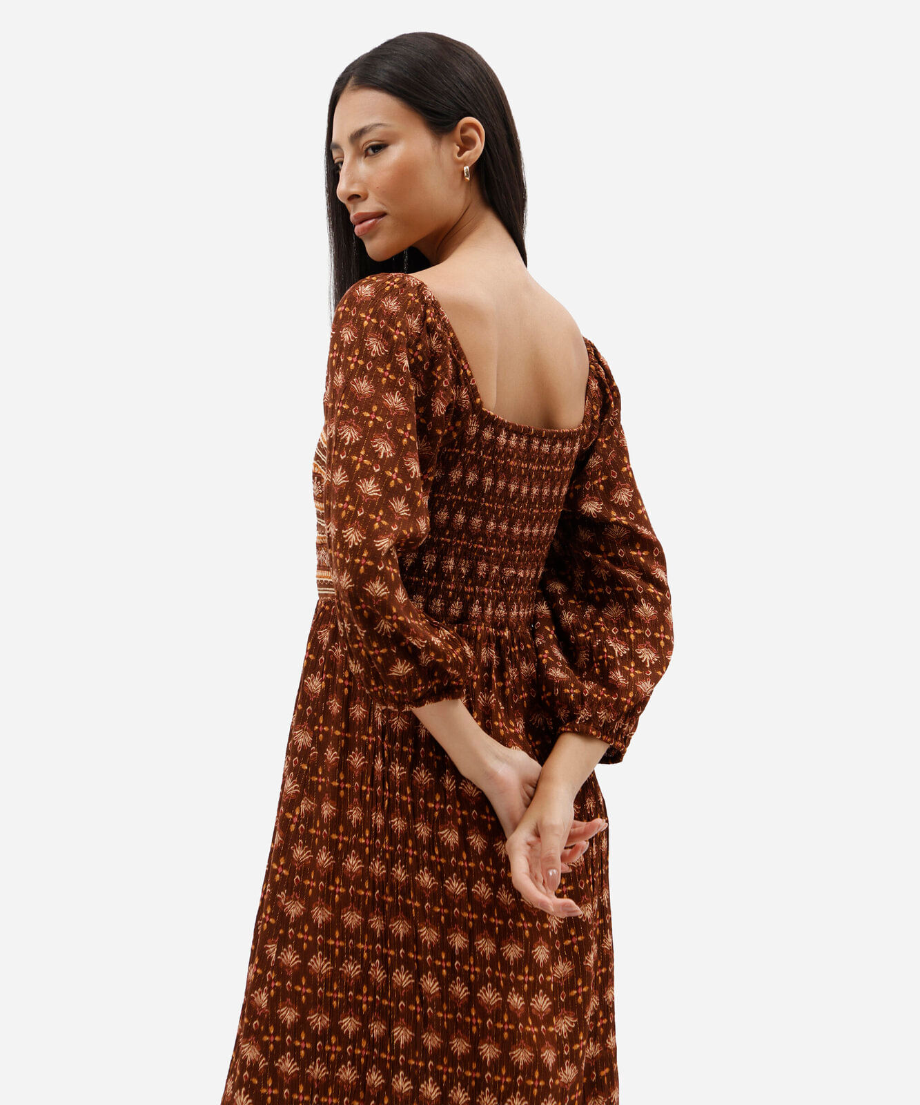 vestido longo feminino de viscose manga bufante étnico marrom