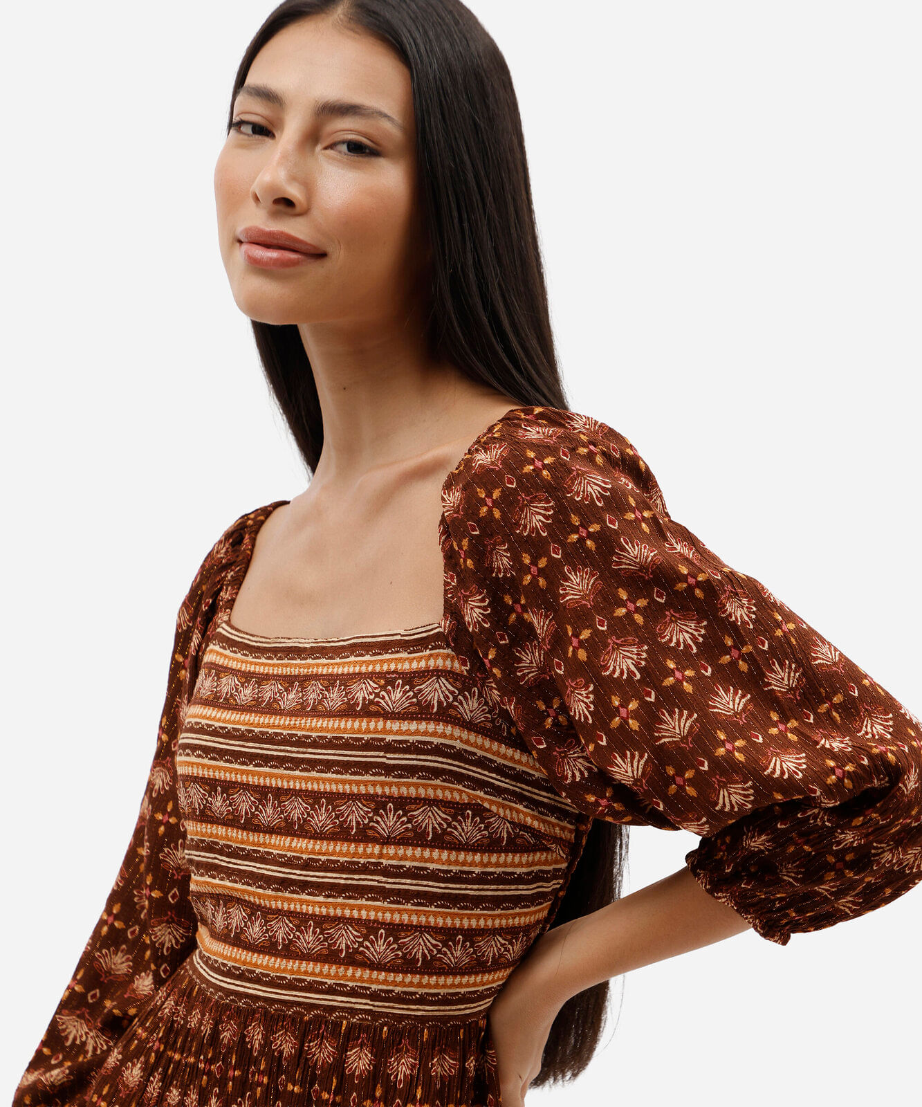 vestido longo feminino de viscose manga bufante étnico marrom