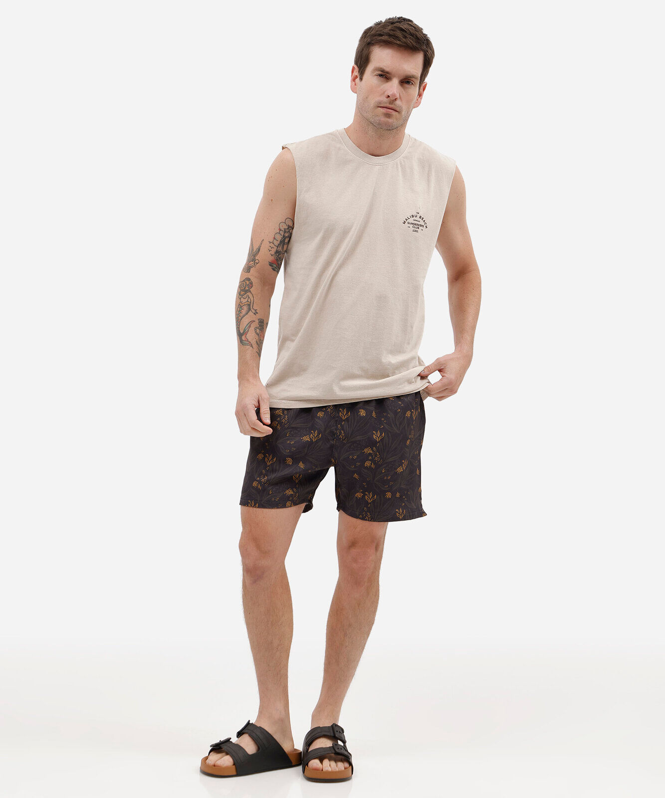 short masculino estampado cós elástico preto