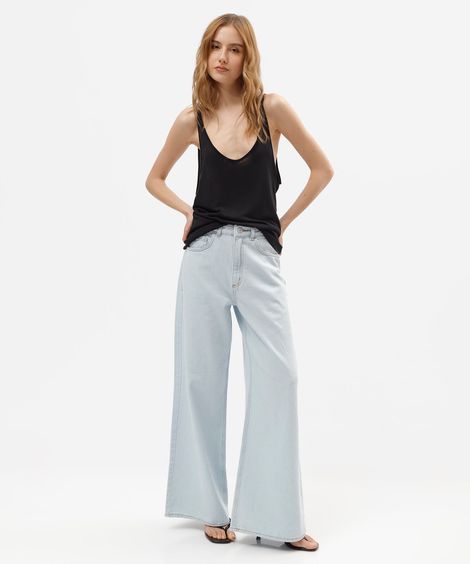 calça wide leg jeans feminina cintura alta azul