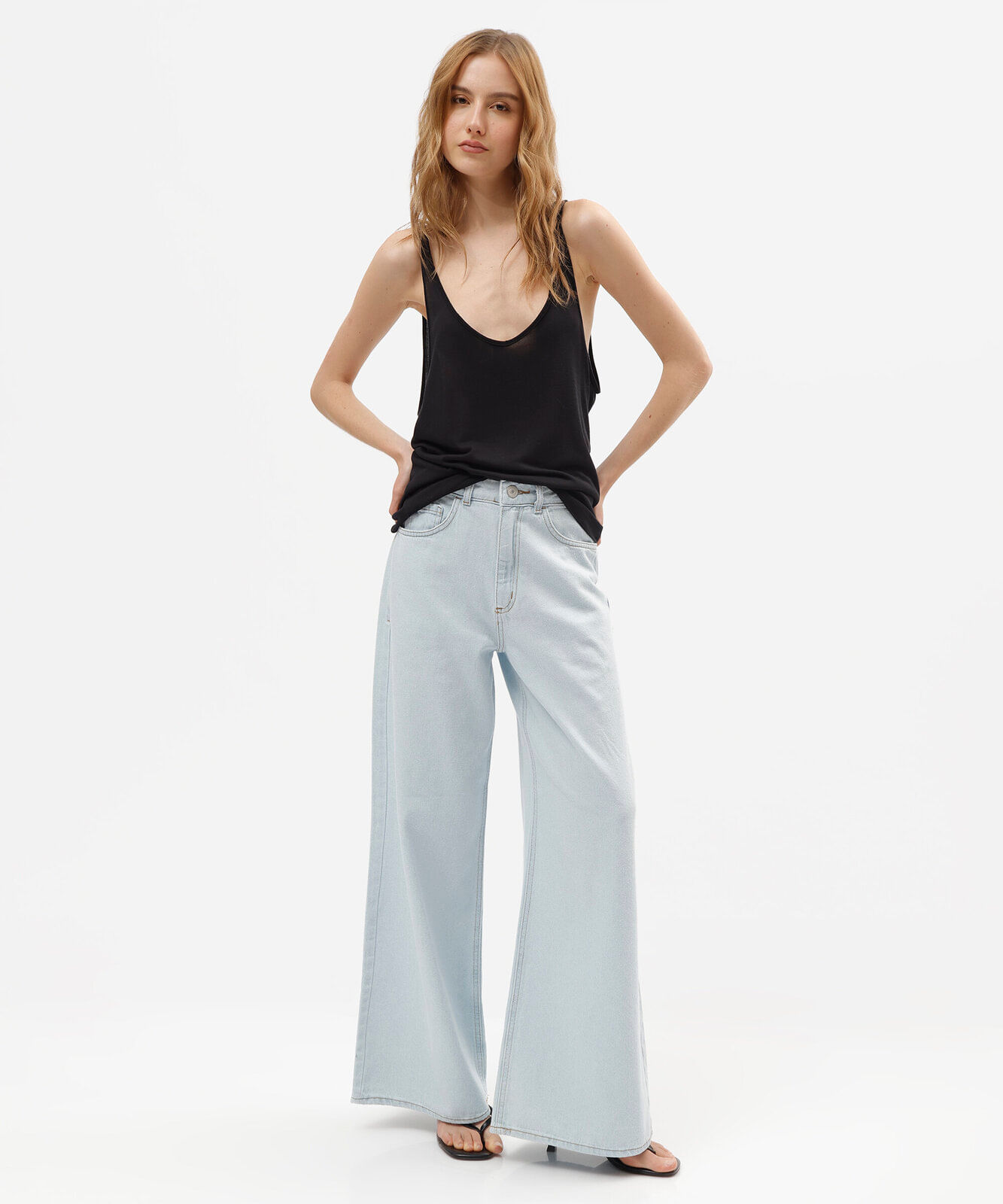 calça wide leg jeans feminina cintura alta azul