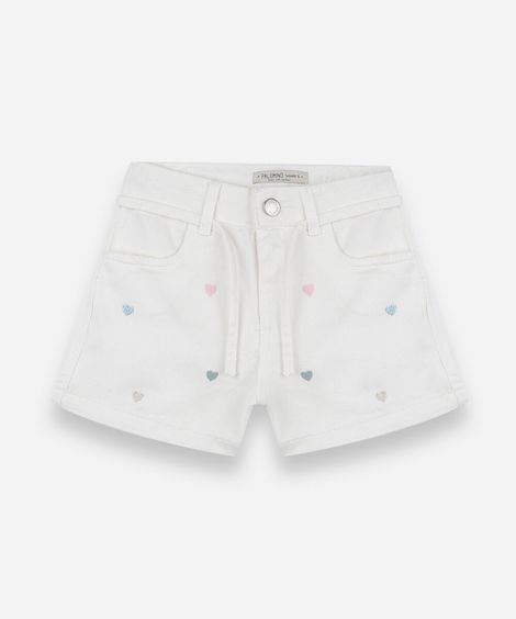 short infantil de sarja com cordão bordado corações off white