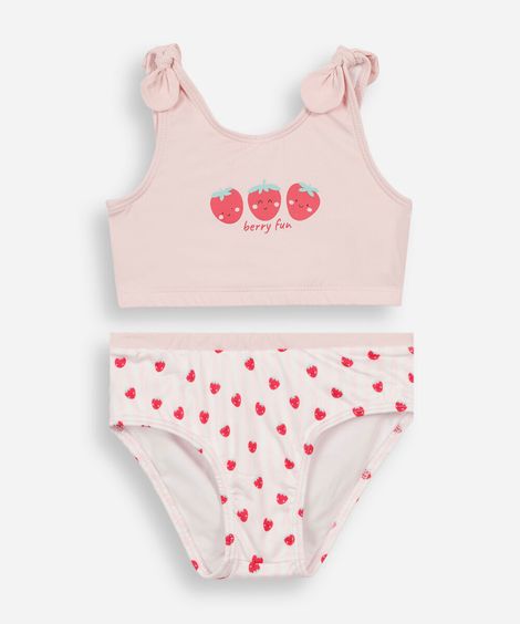 biquíni infantil morangos com proteção uv rosa