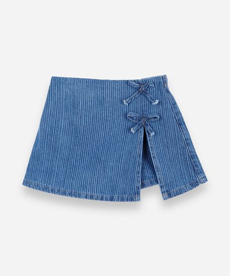 short saia infantil jeans cós elástico com laços listrado azul