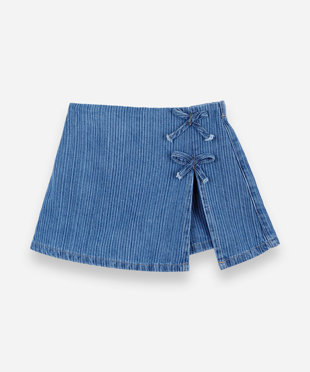 short saia infantil jeans cós elástico com laços listrado azul
