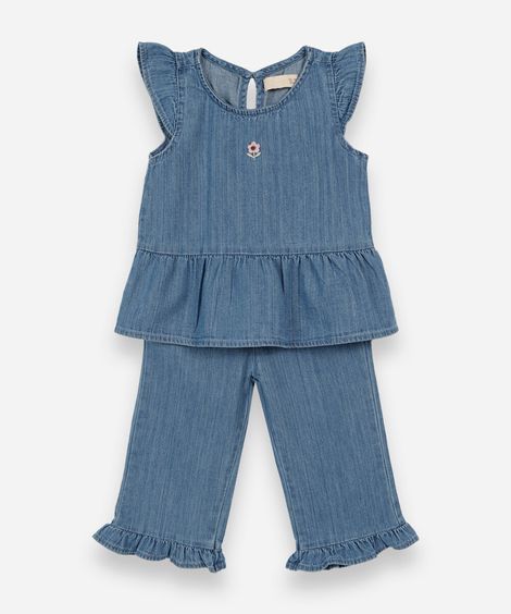 conjunto longo infantil jeans com bordado azul