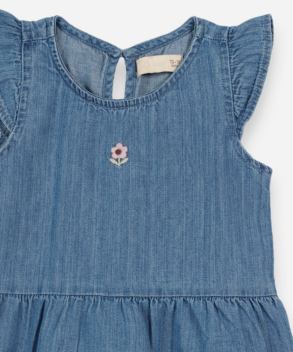 conjunto longo infantil jeans com bordado azul