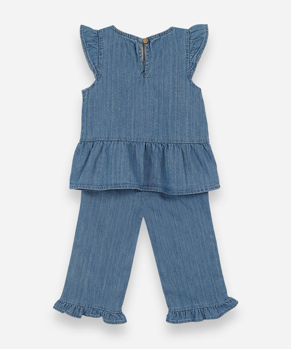conjunto longo infantil jeans com bordado azul