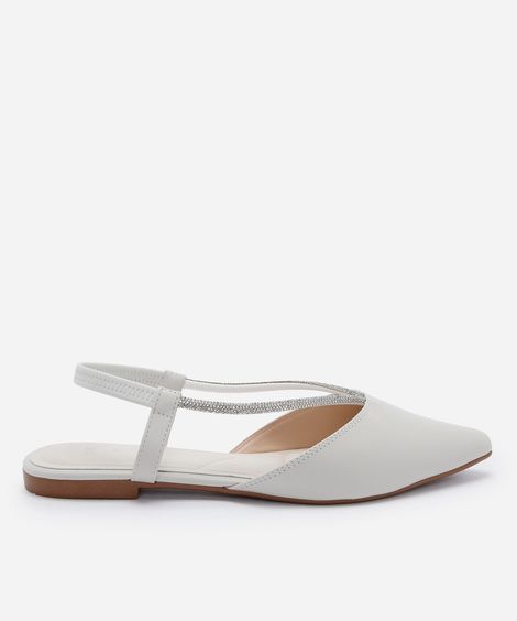 sapatilha feminina de bico fino com tira de strass e fechamento no tornozelo off white