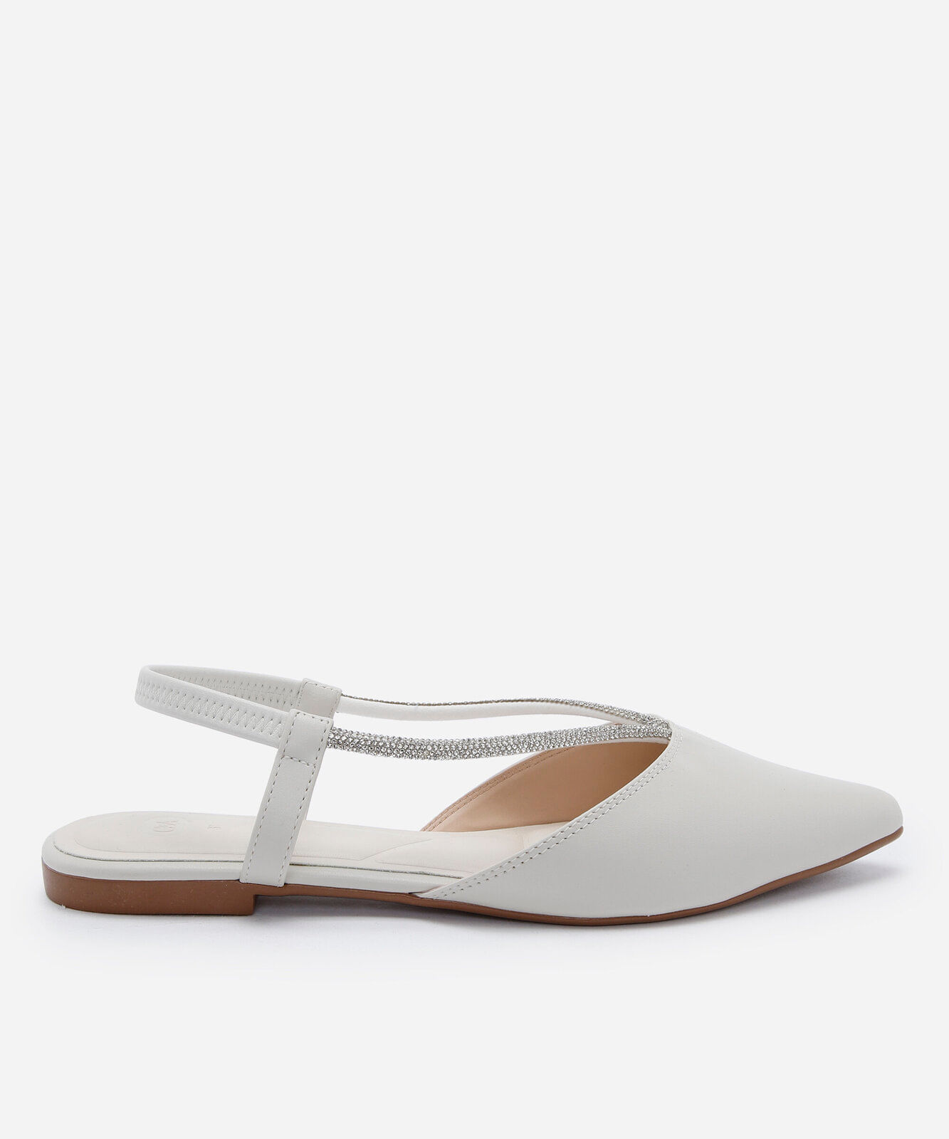 sapatilha feminina de bico fino com tira de strass e fechamento no tornozelo off white