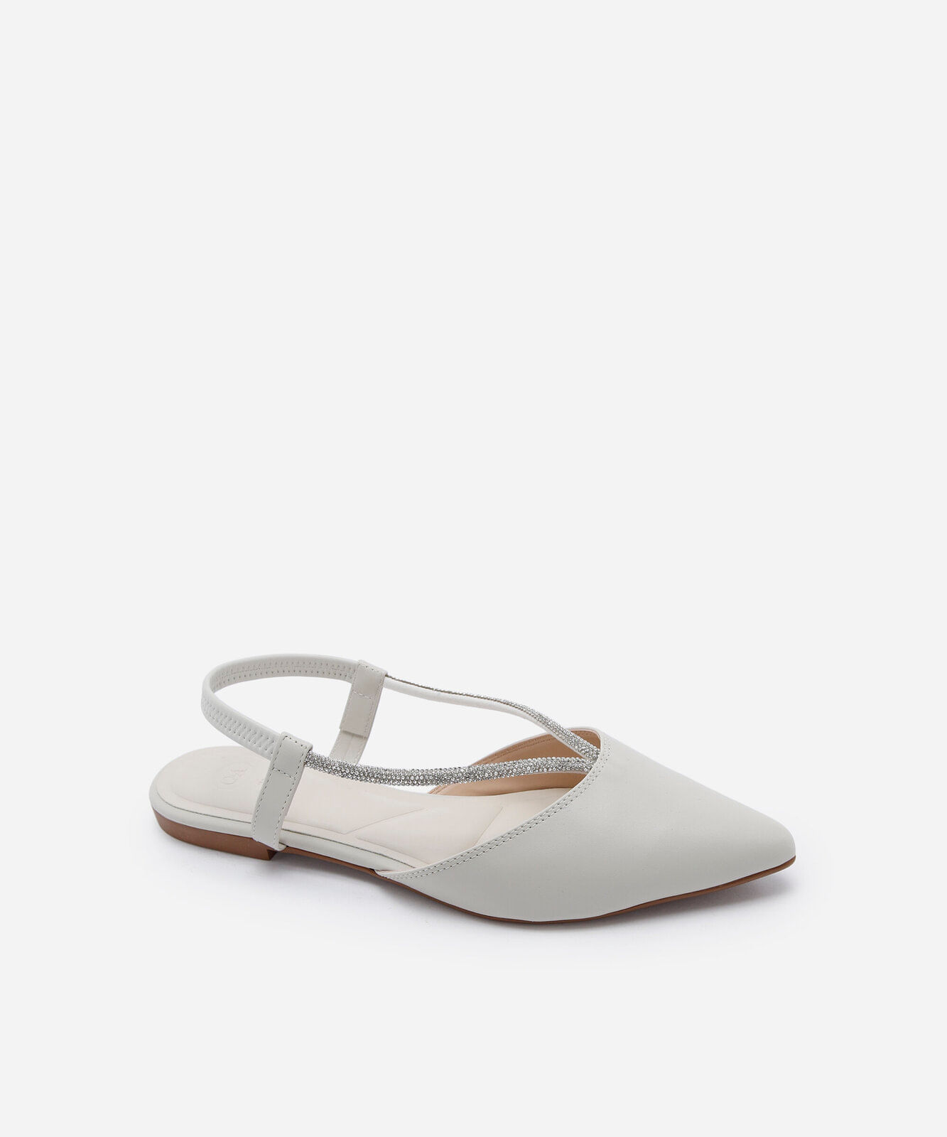 sapatilha feminina de bico fino com tira de strass e fechamento no tornozelo off white