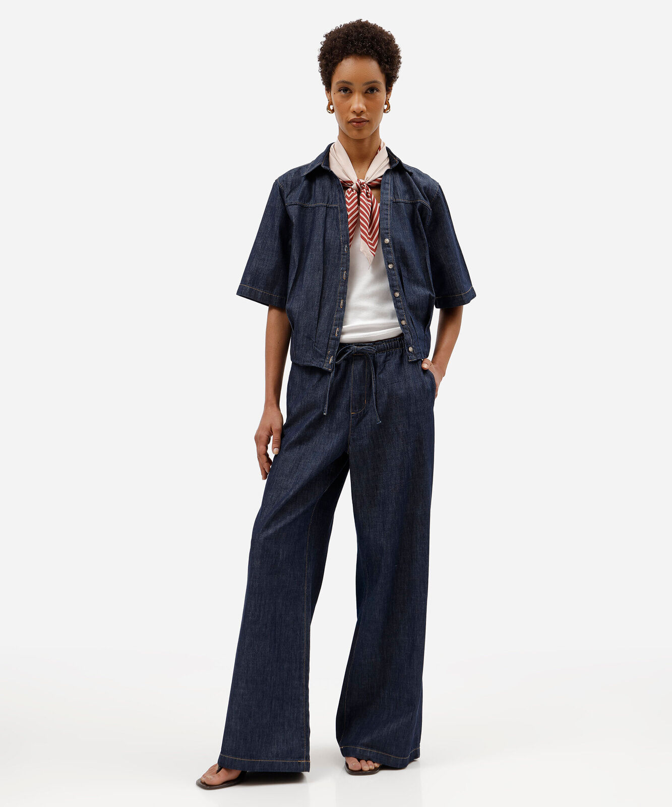 calça estilo pijama feminina jeans cós elástico azul