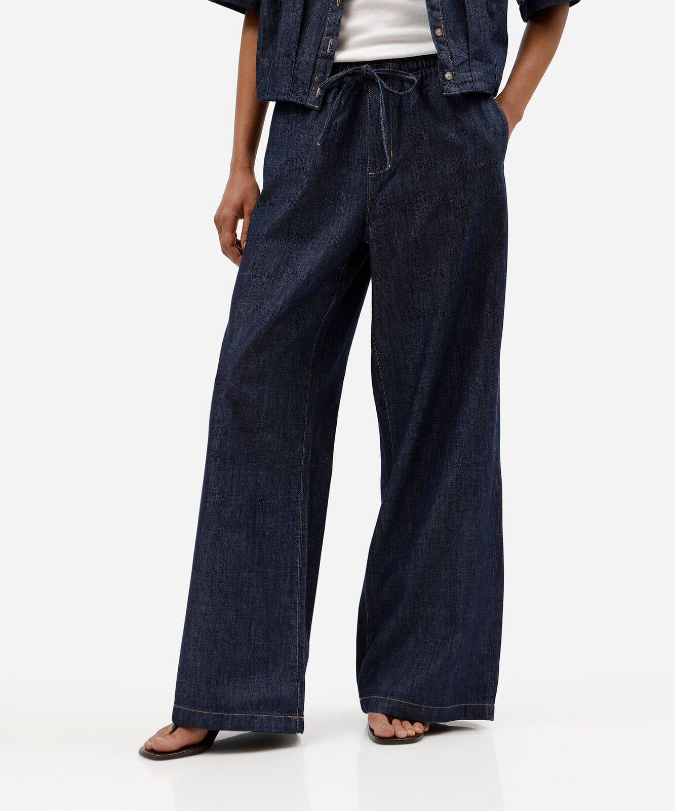 calça estilo pijama feminina jeans cós elástico azul