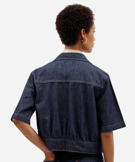 camisa feminina jeans manga curta com pregas azul