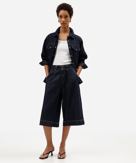 bermuda maxi jorts feminina jeans cintura alta azul