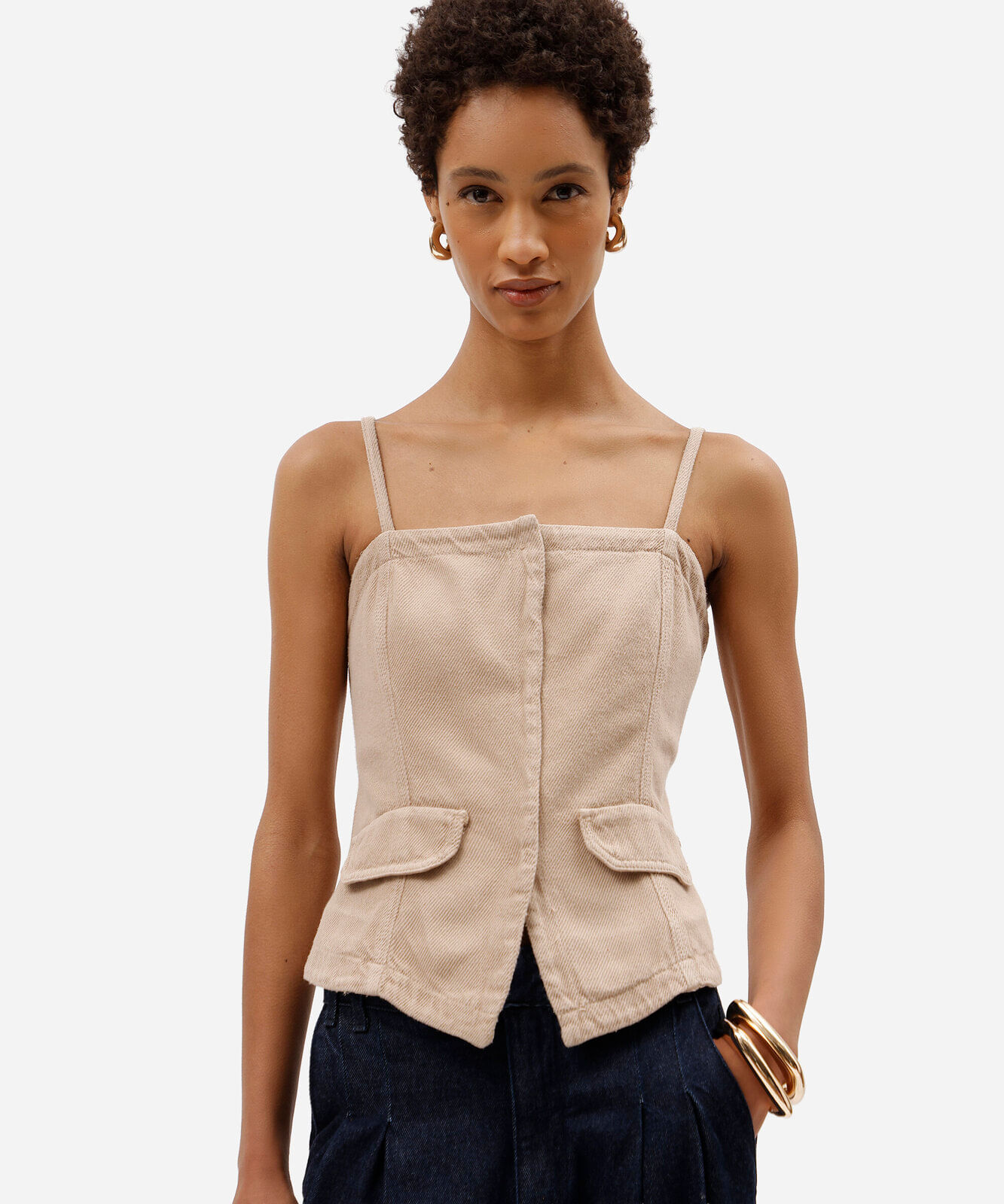 blusa alça fina feminina de sarja texturizada bege