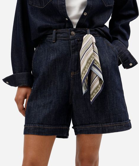 bermuda feminina jeans cintura alta com lenço azul
