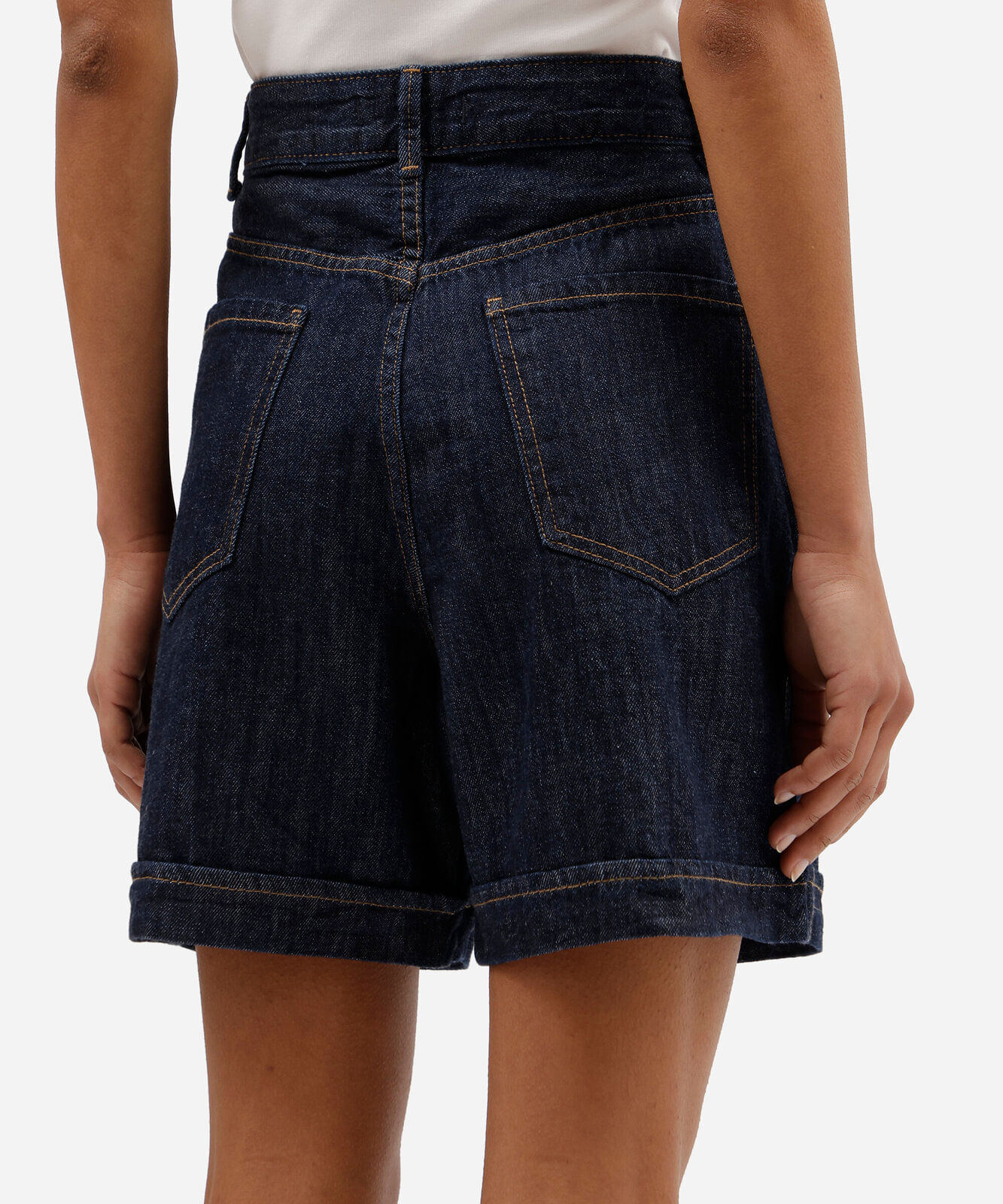 bermuda feminina jeans cintura alta com lenço azul