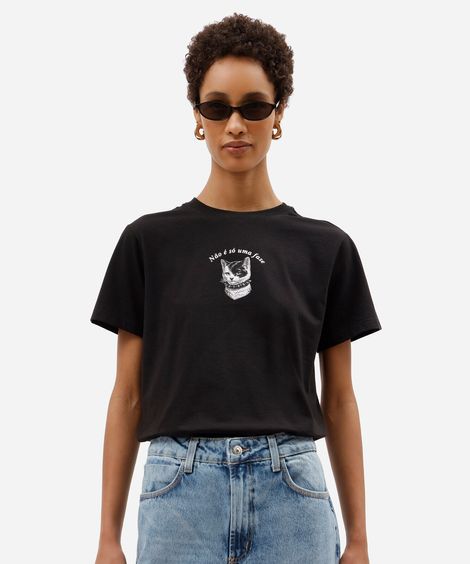 camiseta feminina de algodão manga curta estampada preta