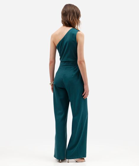 macacão ombro único feminino com linho franzido azul