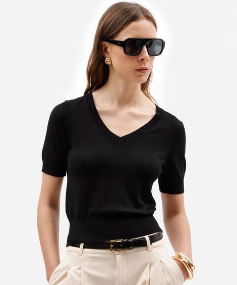 blusa cropped feminina de tricot decote v manga curta preta