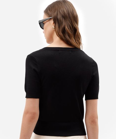 blusa cropped feminina de tricot decote v manga curta preta
