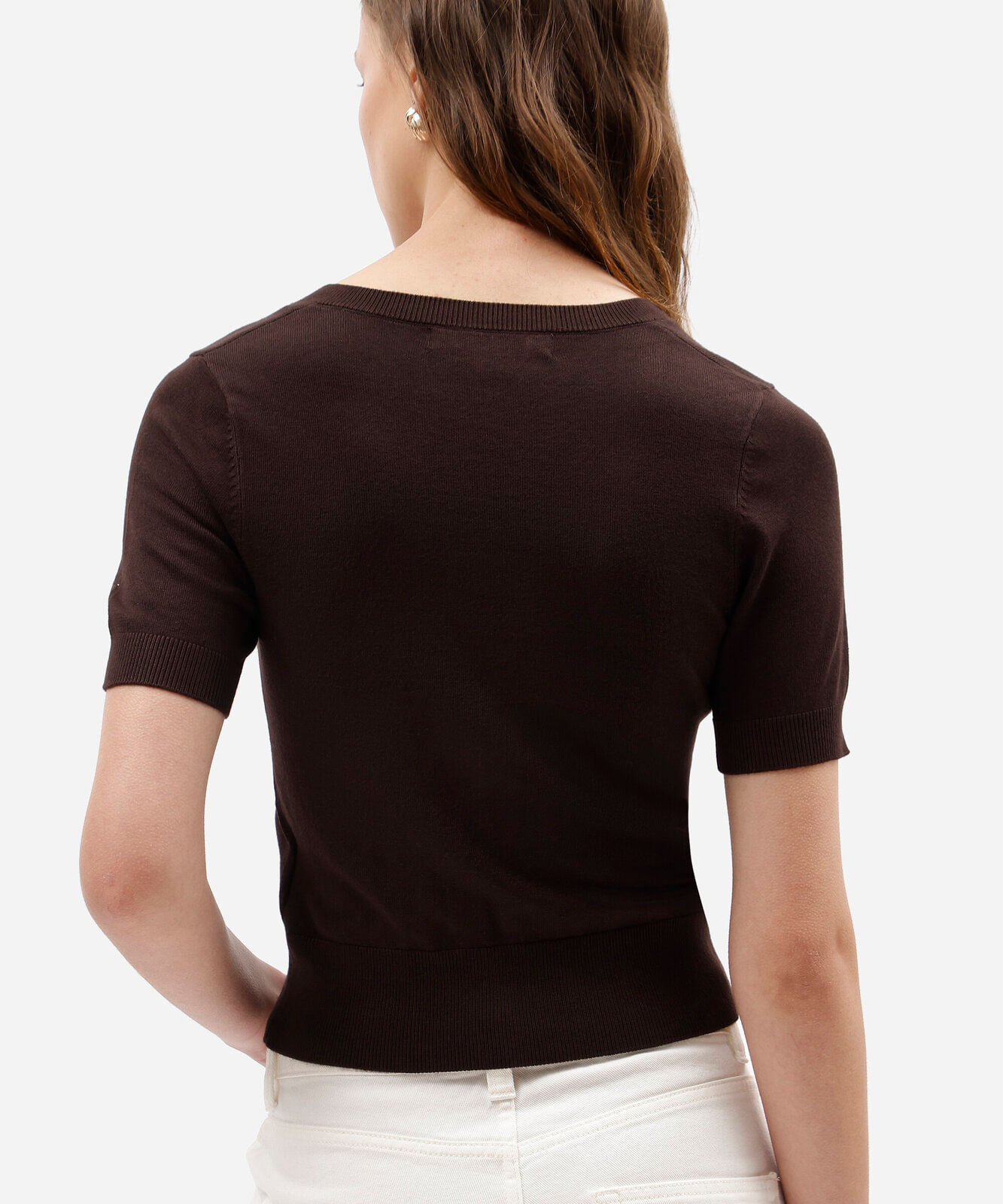 blusa cropped feminina de tricot decote v manga curta marrom