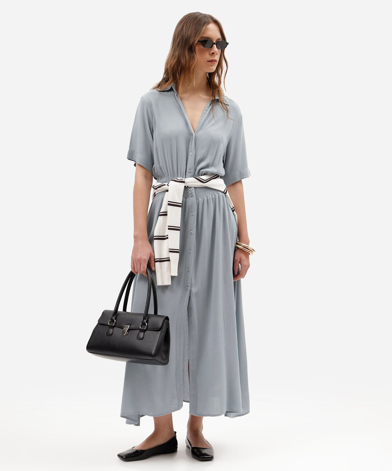 vestido midi chemise feminino de viscose manga curta com lastex azul