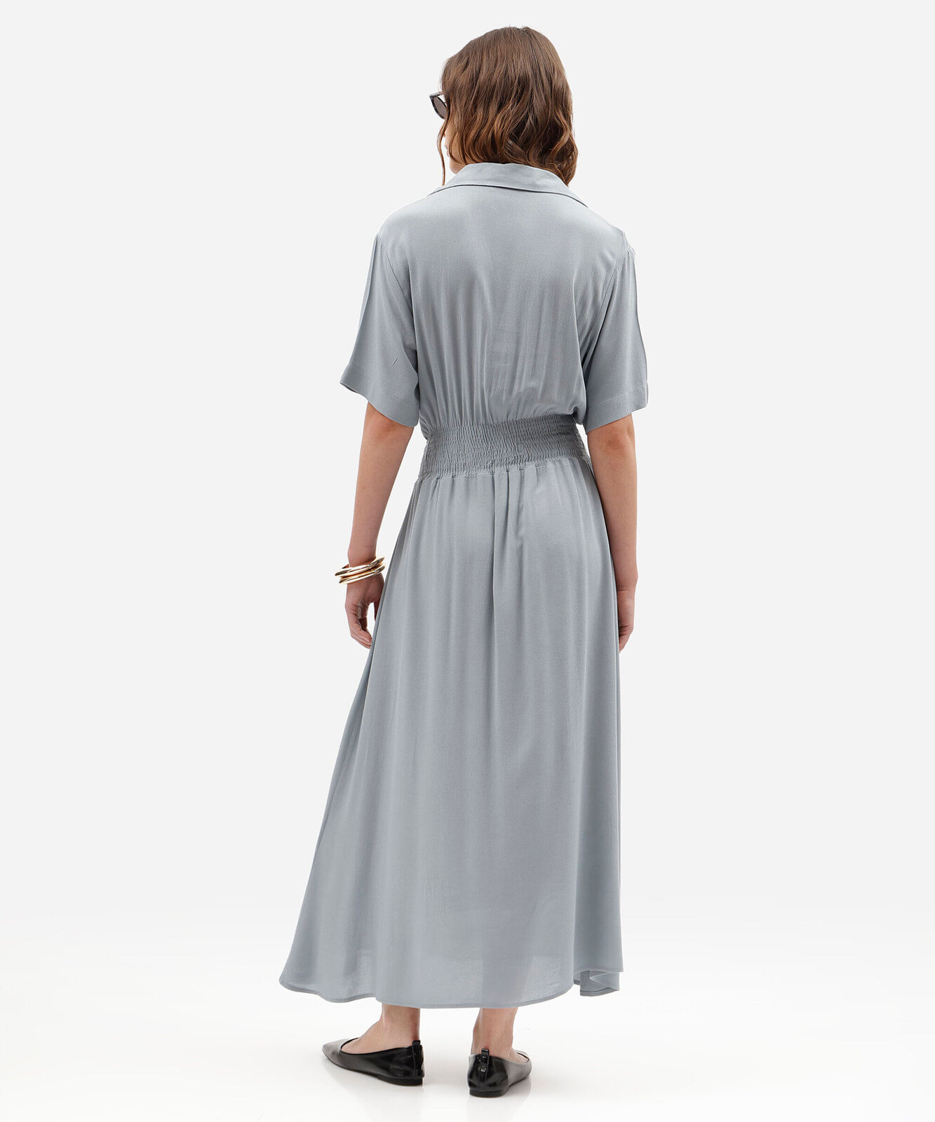 vestido midi chemise feminino de viscose manga curta com lastex azul